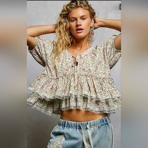 #1088 POL Floral Ruffle Lace Peplum Boho Top
